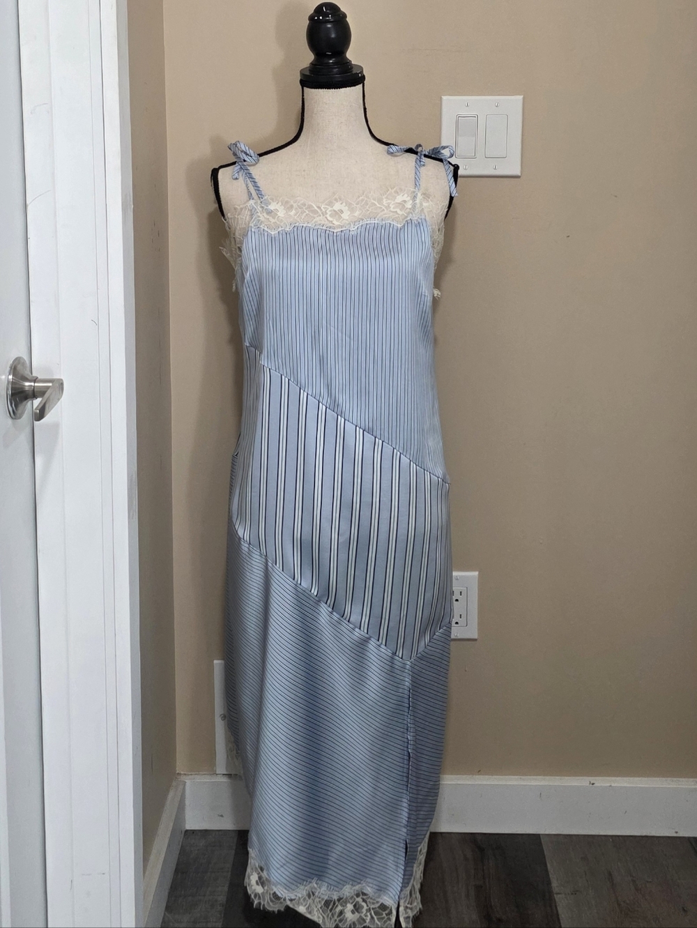 Future Collective Silky Satin  Light Blue  Pin Stripe Lace-Trim Midi Slip Dress - Picture 3 of 7